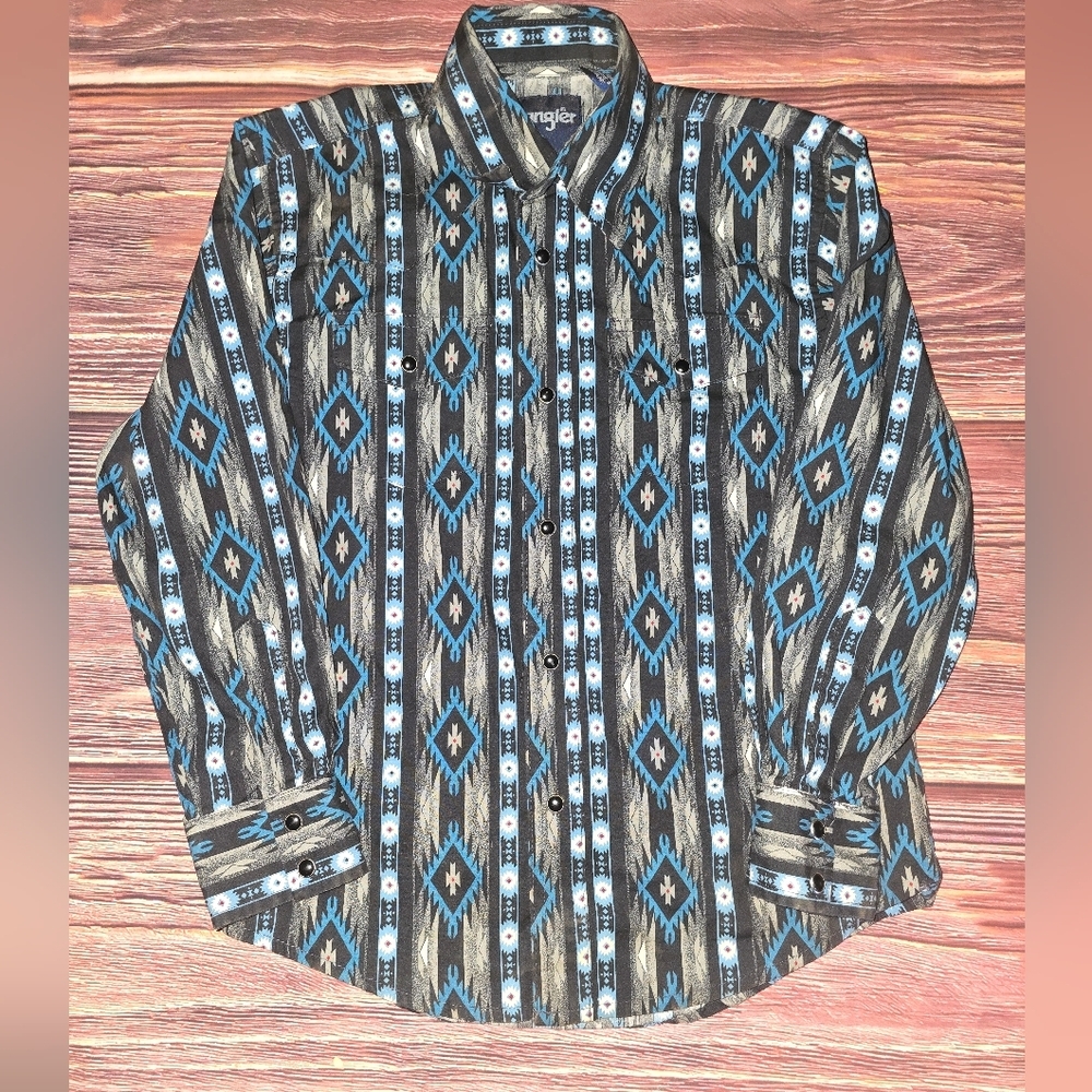 Wrangler Boys Geometric Black and Blue Pearlsnap Shirt Sz Med